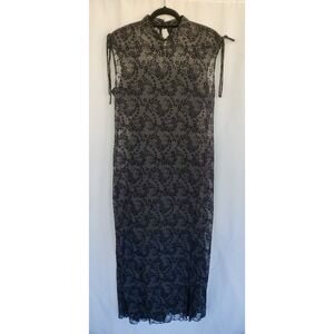Vintage CDC Black Velvet Mesh Maxi Dress Sheer Floral Mock Neck‎ 14 Whimsigoth